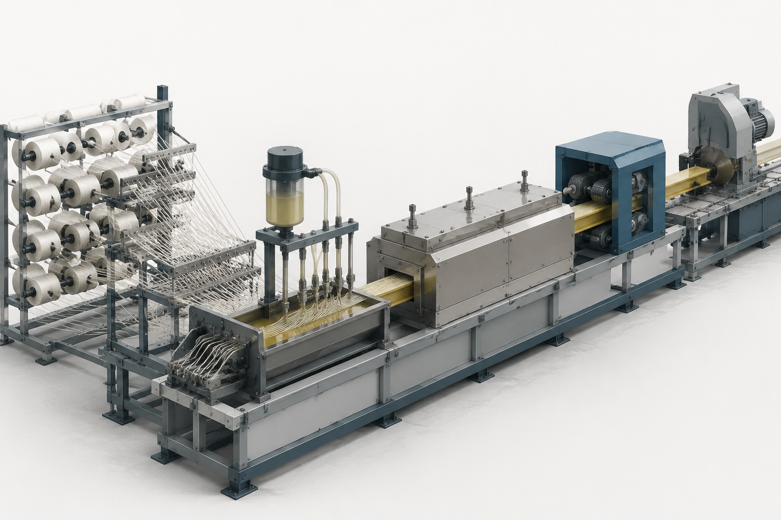拉挤工艺线技术示意图，包含纤维纱架、树脂槽、加热模具、牵引和切割工位。